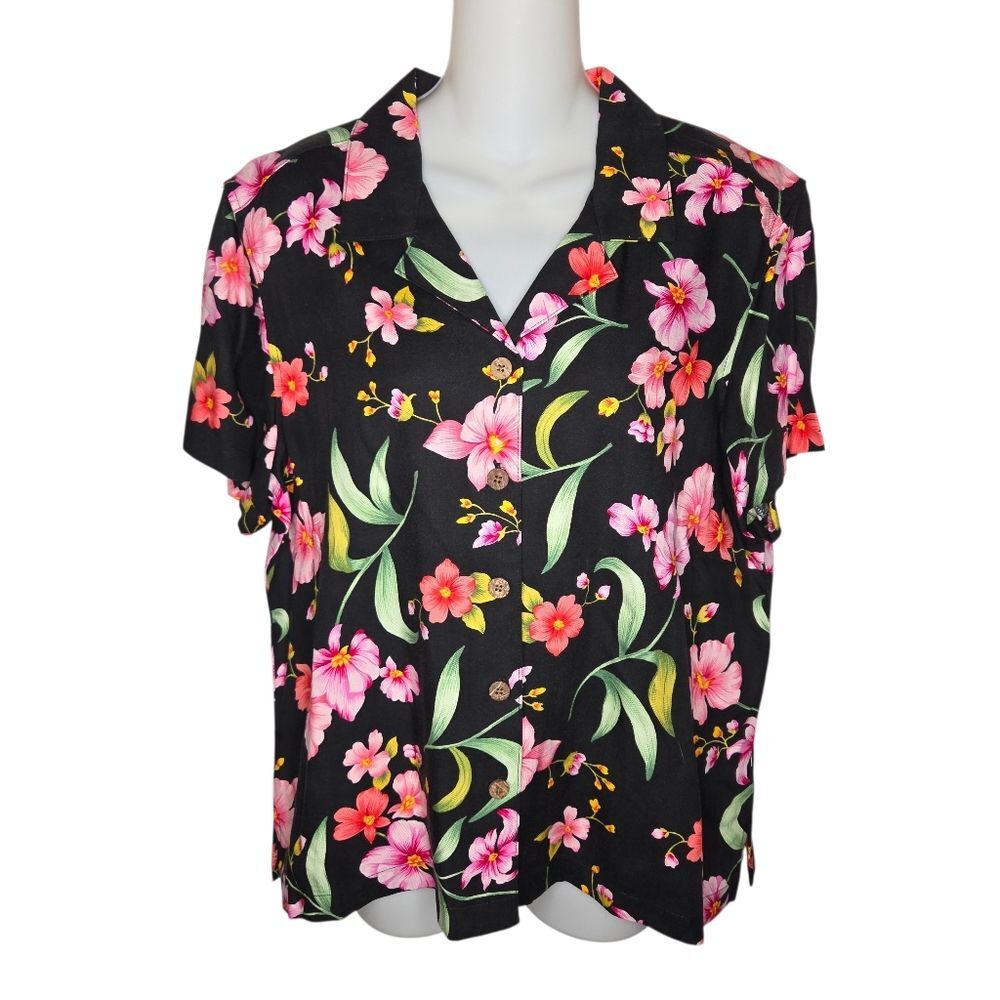 La Cabana Vintage Tropical Floral Hawaiian Print Button-Down Blouse Top Sz Large